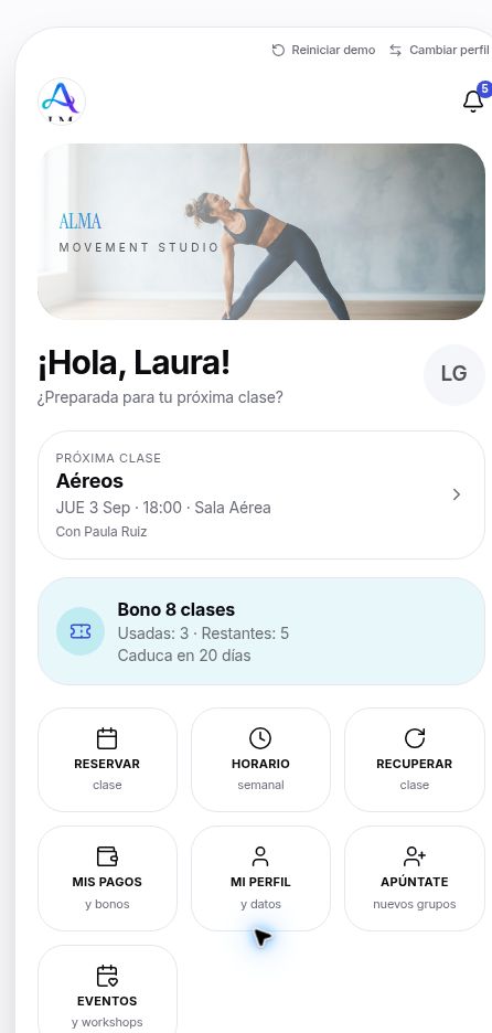 Pantalla real de la demo de la aplicación Momentum